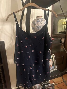 CAbi Navy Floral Silk-Layered Tank Top